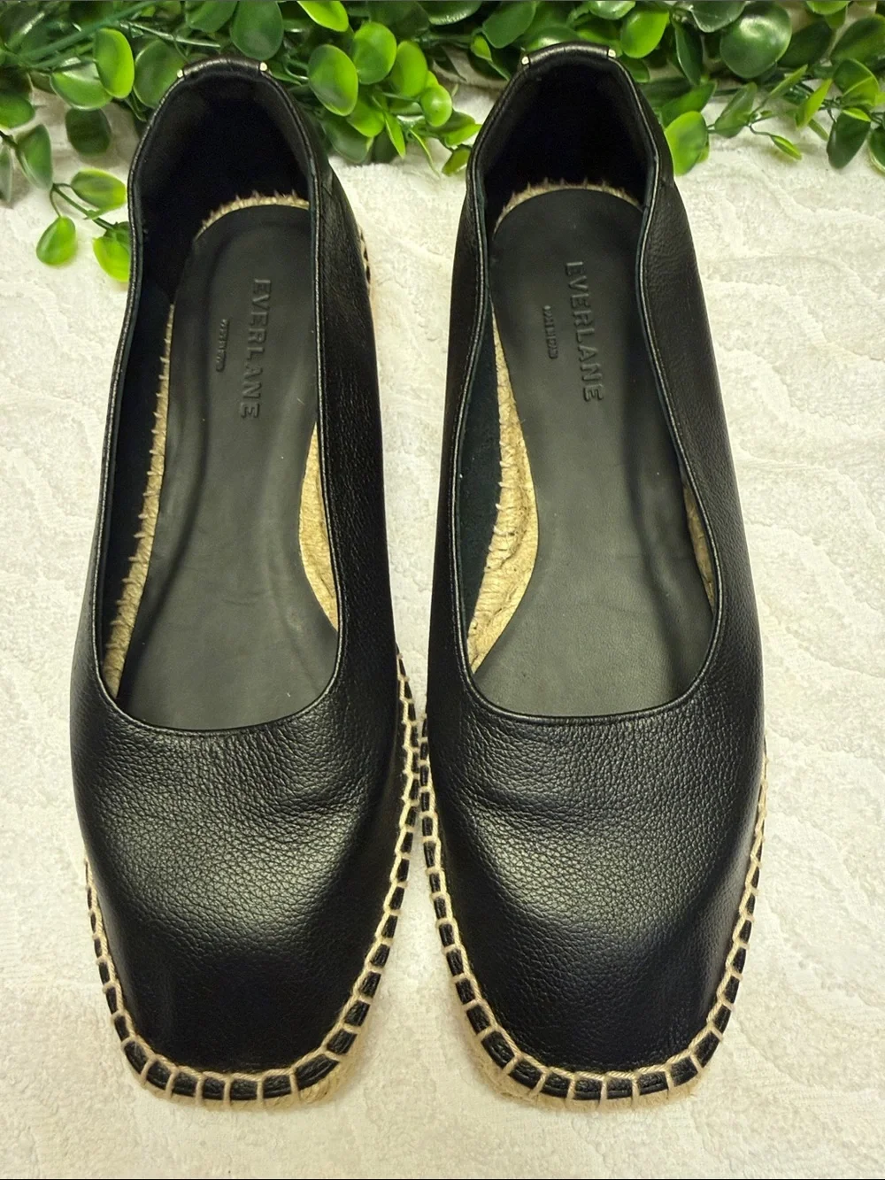 NWOB! Everlane Black Leather Espadrille Flats with Jute Trim - Picture 2 of 11
